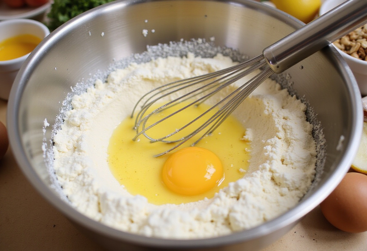 Whisking cornstarch and egg yolks for Vanillepudding mit Erdbeeren recipe.