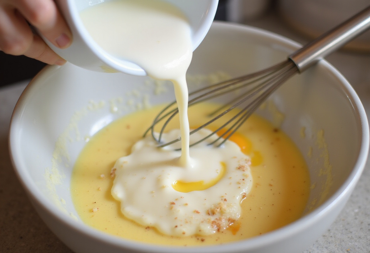 Hot milk being mixed with cornstarch and egg yolks for preparing Vanillepudding mit Erdbeeren.