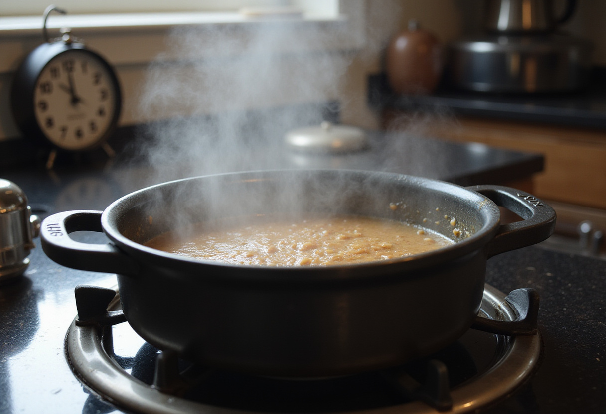 Cooking the pudding mixture in a saucepan for Vanillepudding mit Erdbeeren.