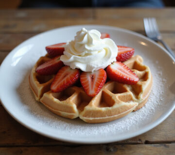 Fertige Waffeln mit Sahne und frischen Erdbeeren, ideal für ein leckeres Frühstück.