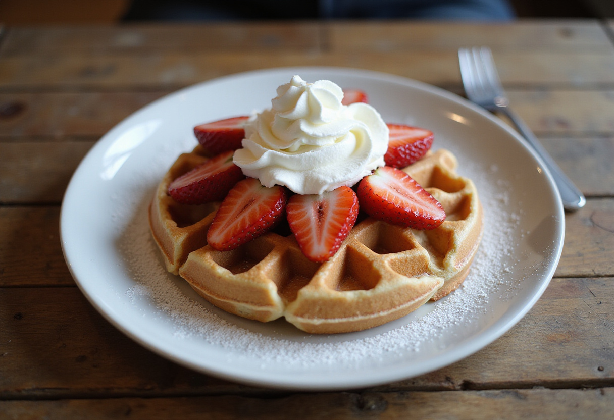 Fertige Waffeln mit Sahne und frischen Erdbeeren, ideal für ein leckeres Frühstück.