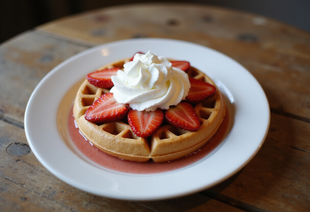 Fertige Waffeln mit Sahne und frischen Erdbeeren, ideal für ein leckeres Frühstück.