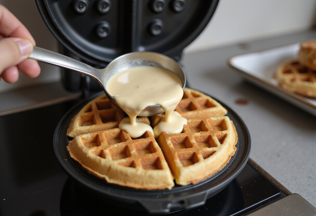 Vorheizendes Waffeleisen bereit für die Zubereitung von Waffeln mit Sahne.