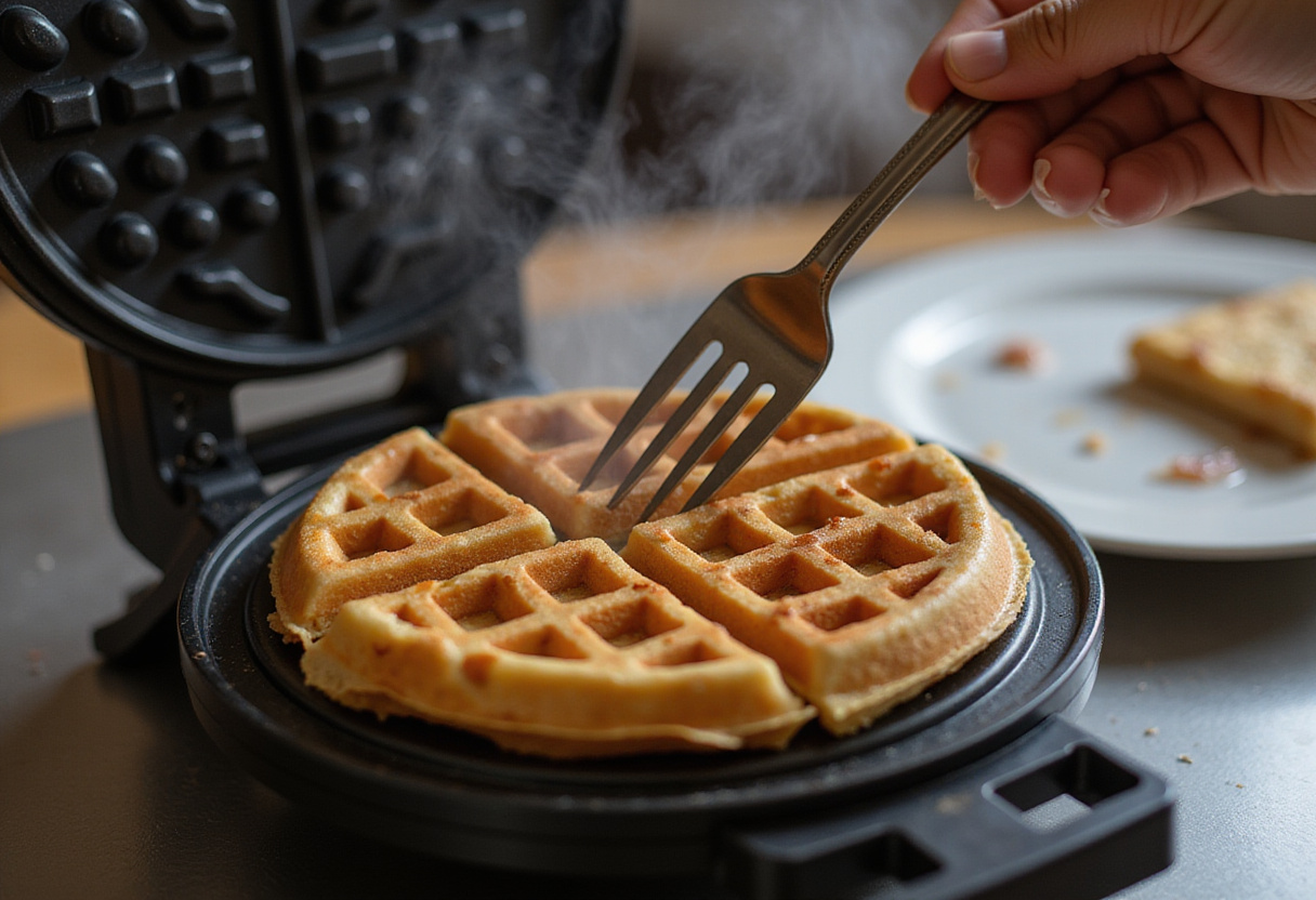 Frisch gebackene Waffel wird aus dem Waffeleisen genommen für Waffeln mit Sahne.