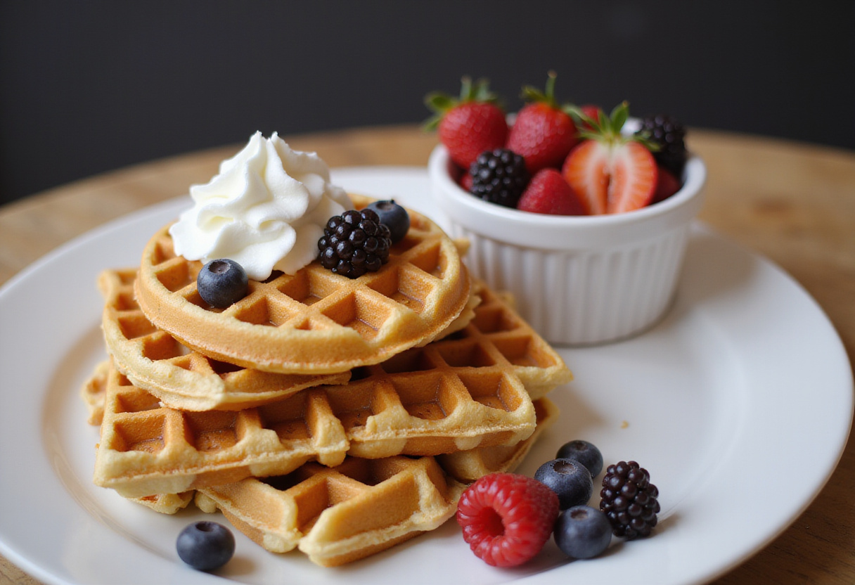 Gestapelte Waffeln mit Sahne und Beeren zum Servieren.