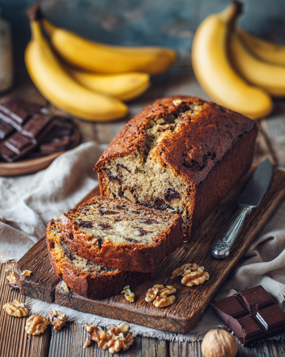 Bananenbrot mit Schokolade und Nüssen mit sichtbaren Schokostücken