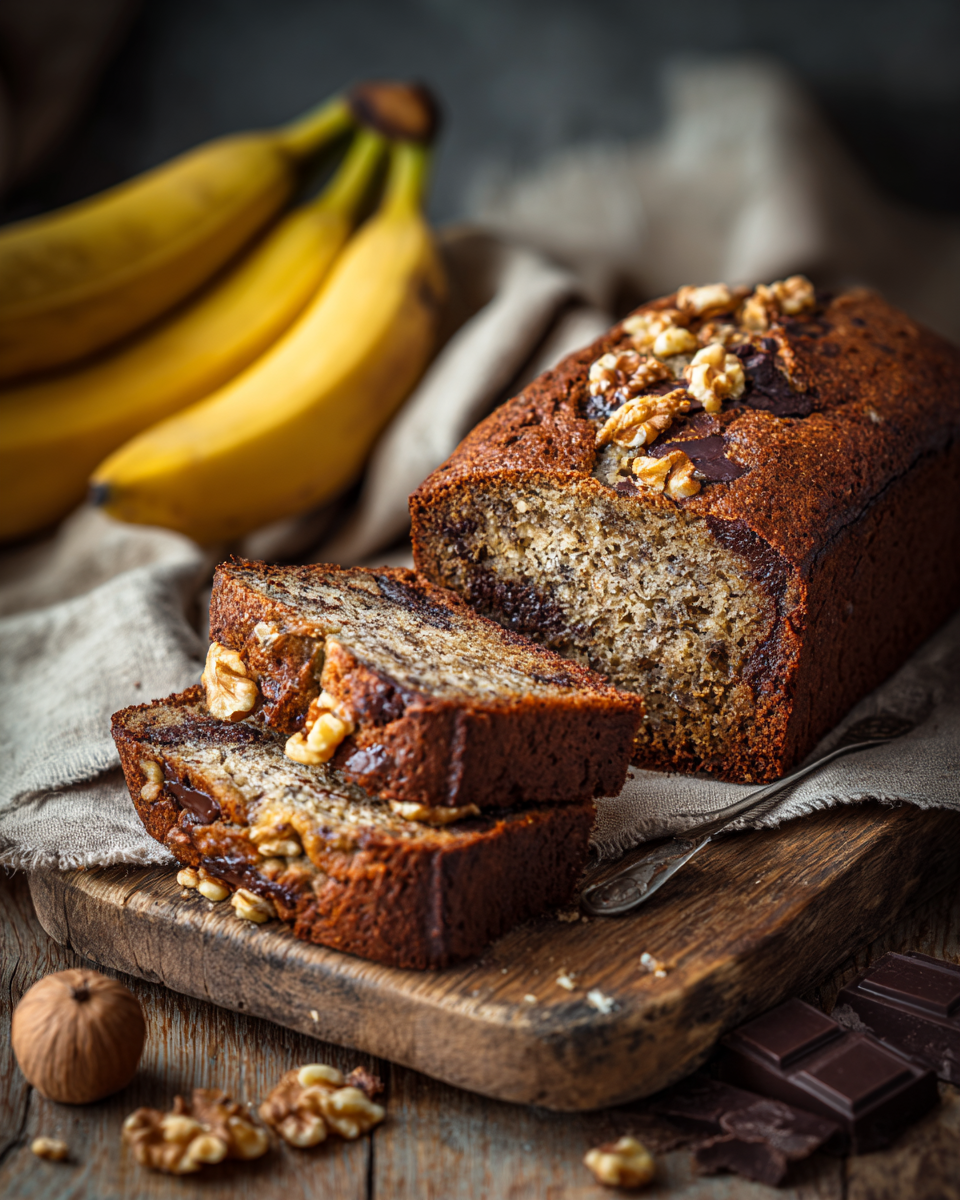 Saftiges Bananenbrot mit Schokolade und Nüssen auf rustikalem Brett