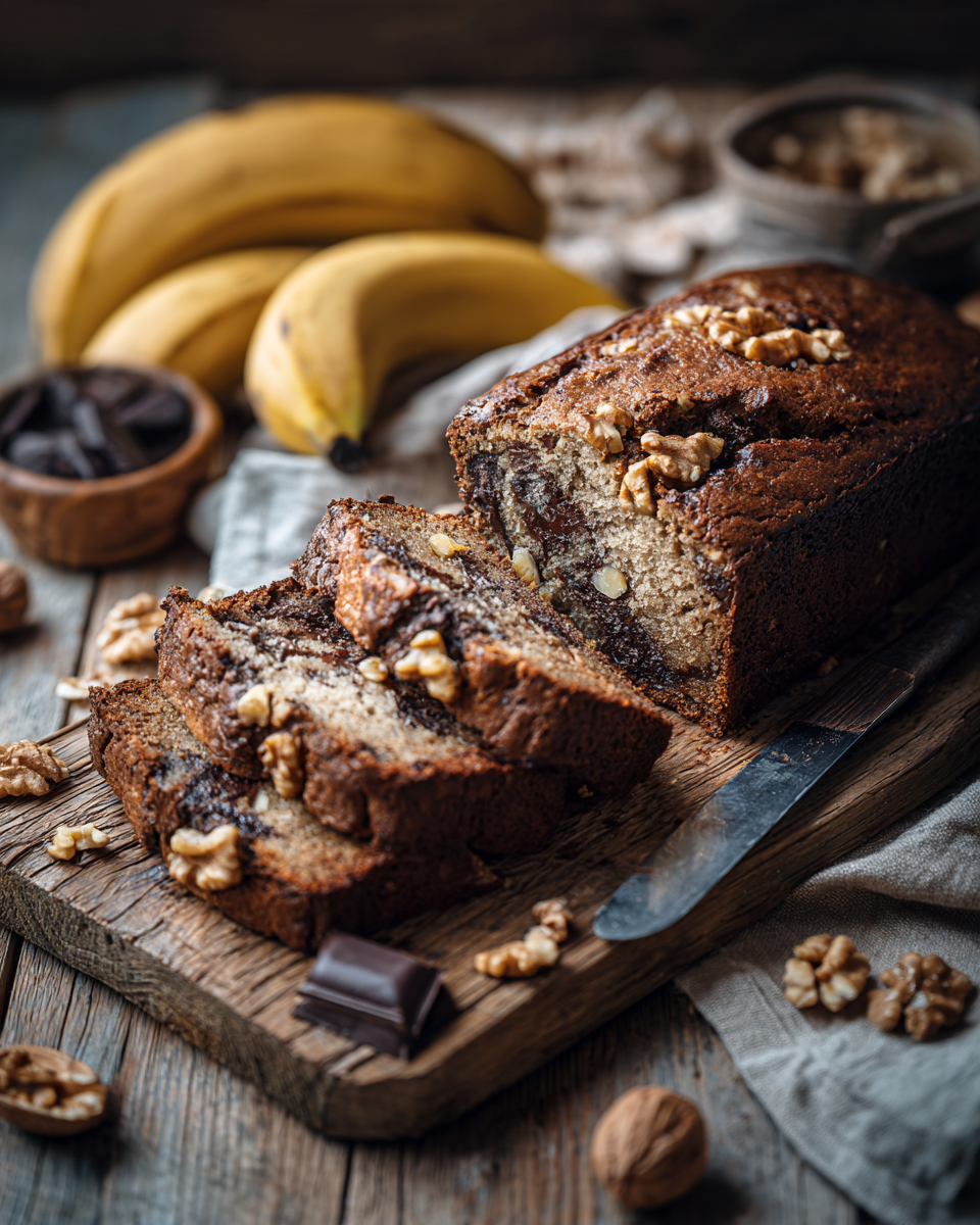 Bananenbrot mit Schokolade und Nüssen als Snack zum Kaffee angerichtet