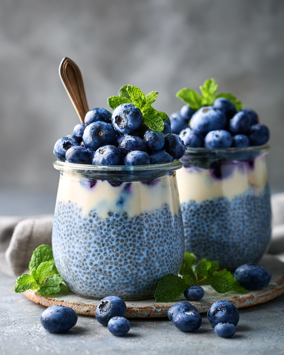 Chia-Pudding mit Blaubeeren Serviervorschlag