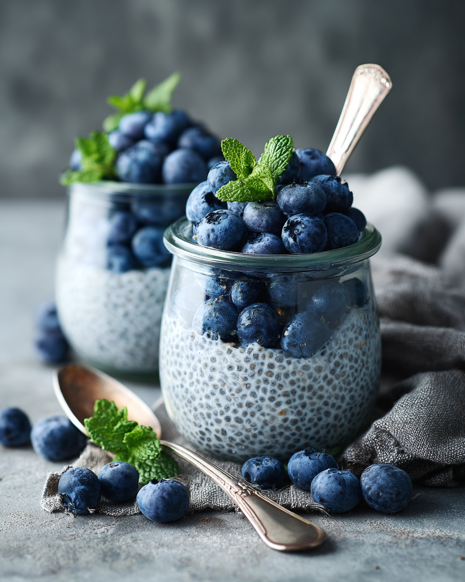 Chia-Pudding mit Blaubeeren Detailaufnahme