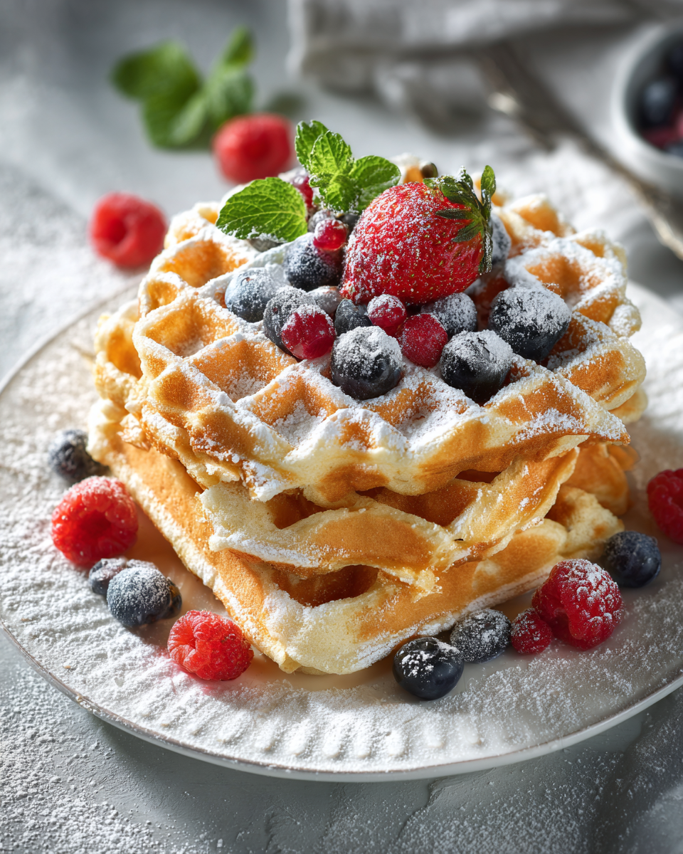 Quarkwaffelteig und goldene Waffeln im Waffeleisen