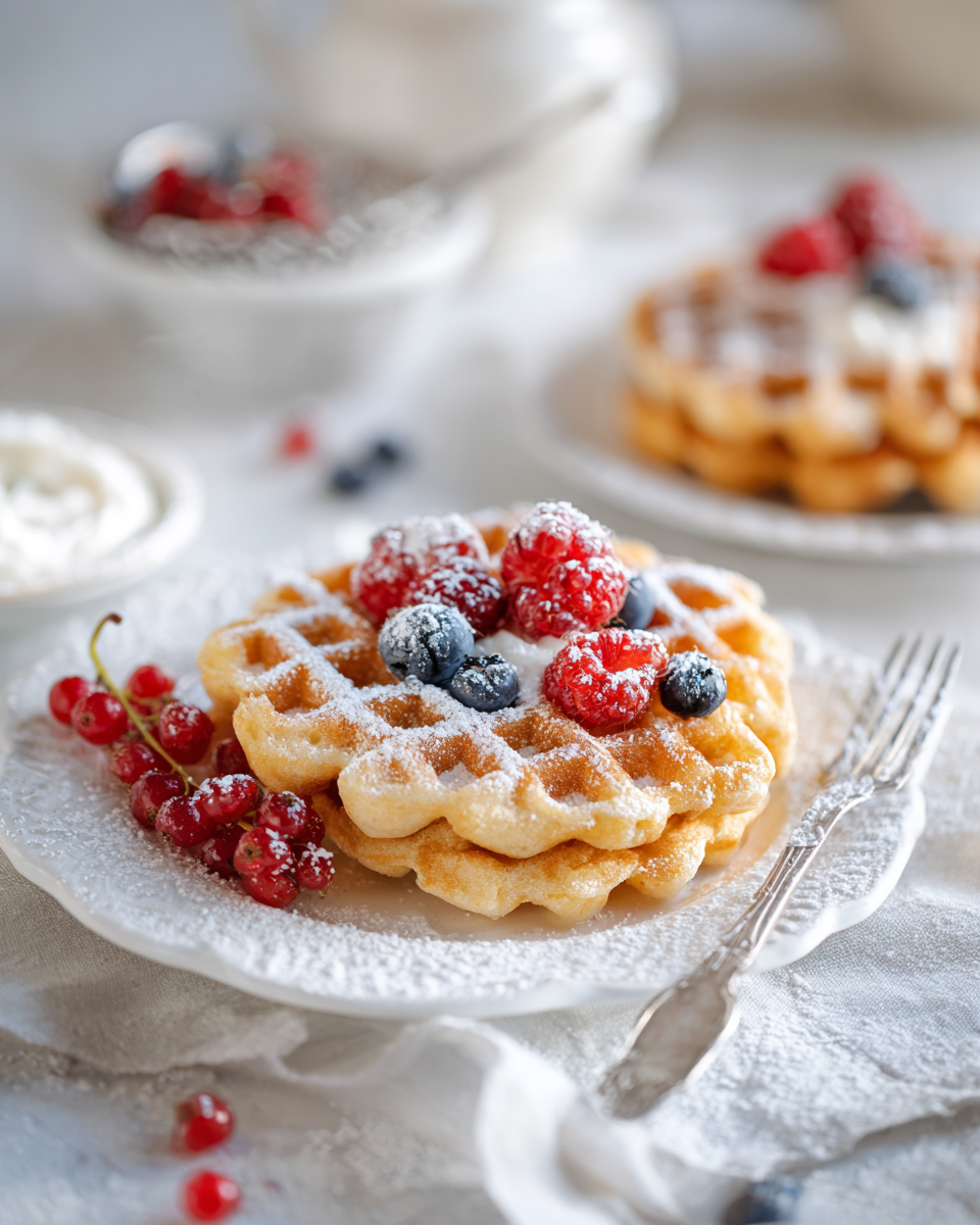 Serviervorschlag für fluffige Quarkwaffeln ohne Butter mit Beeren