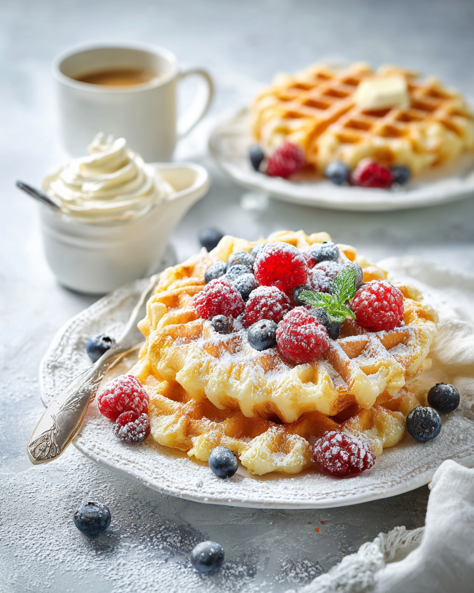 Detailaufnahme von fluffigen Quarkwaffeln ohne Butter mit Puderzucker