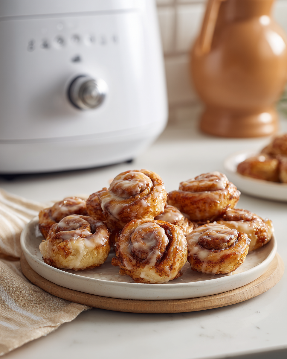 Frisch gebackene Air-Fryer Zimtschnecken-Bites mit Glasur